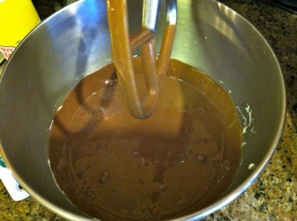Add the Guiness mixture and beat to combine. Mix in dry ingredients on low speed until incorporated.