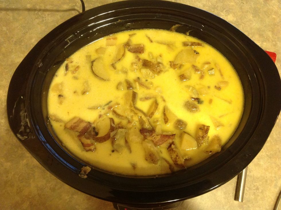 Add the heavy cream and just cook until thoroughly heated.