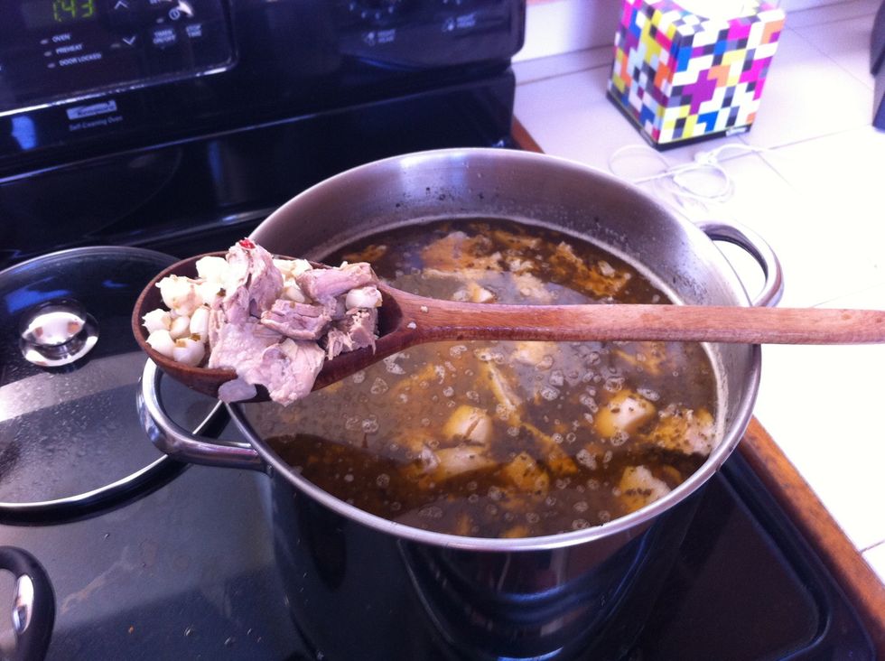 Add the hominy, then add your onion and pepper pur\u00e9e let simmer another 30-60 min