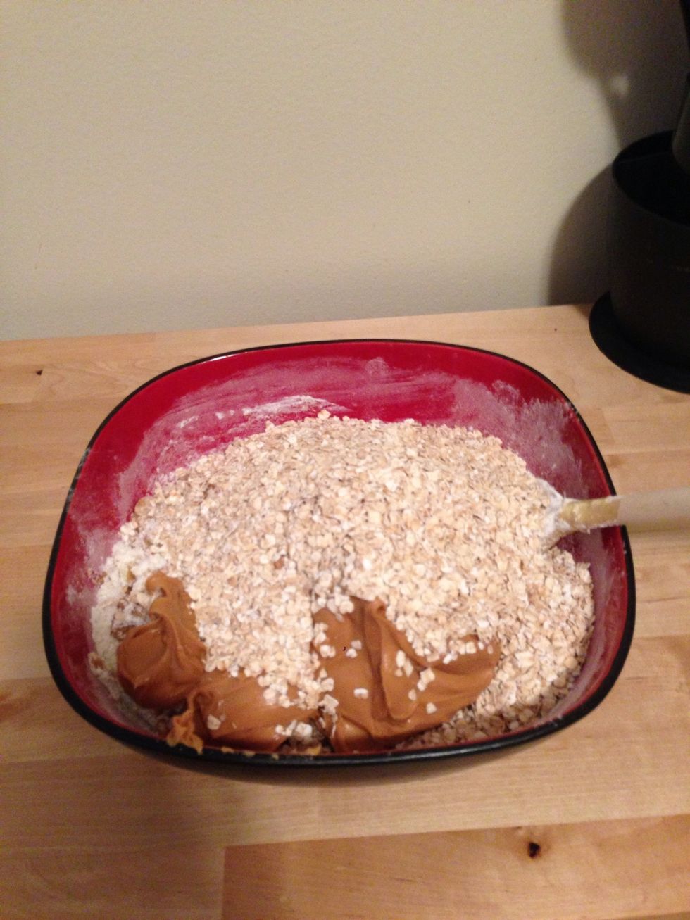 Add the ingredients listed until the oatmeal and mix all ingredients. Also, this is a pain to mix.