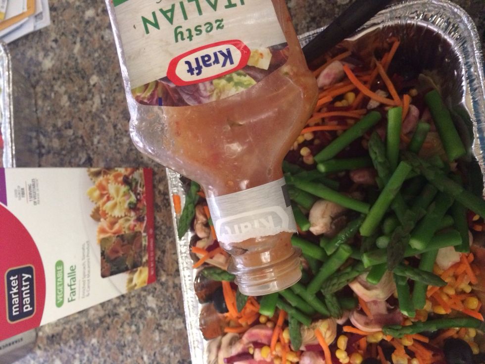 Add the Italian dressing I added about 3/4 of the container. If you feel you like more then you can add as much as you like.