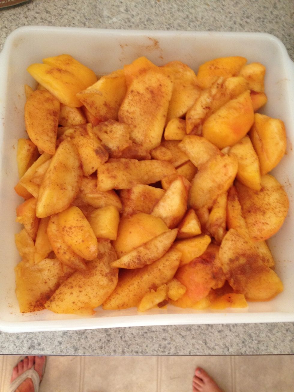 Add the lemon juice and stir. Then add the brown sugar and cinnamon. Toss gently.