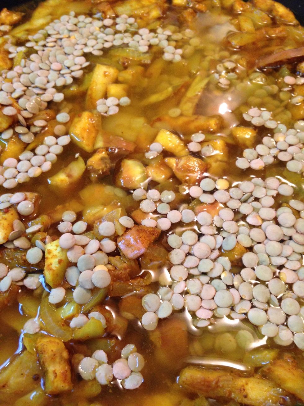 Add the lentils and 3 cups of water