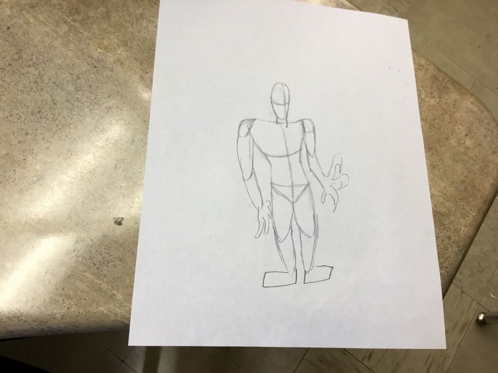 Add the limbs and head, make the head an upside down egg And make sure to make the arms and legs look menacing