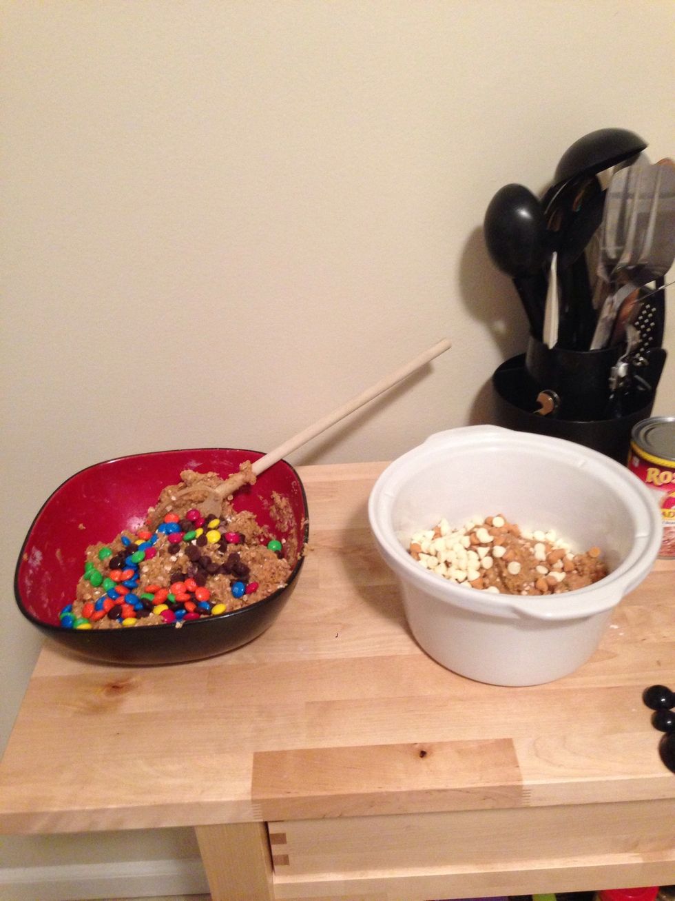 Add the M&Ms and chocolate chips to one and the white chocolate and butterscotch to another. If you are only doing one type, add the desired extras.