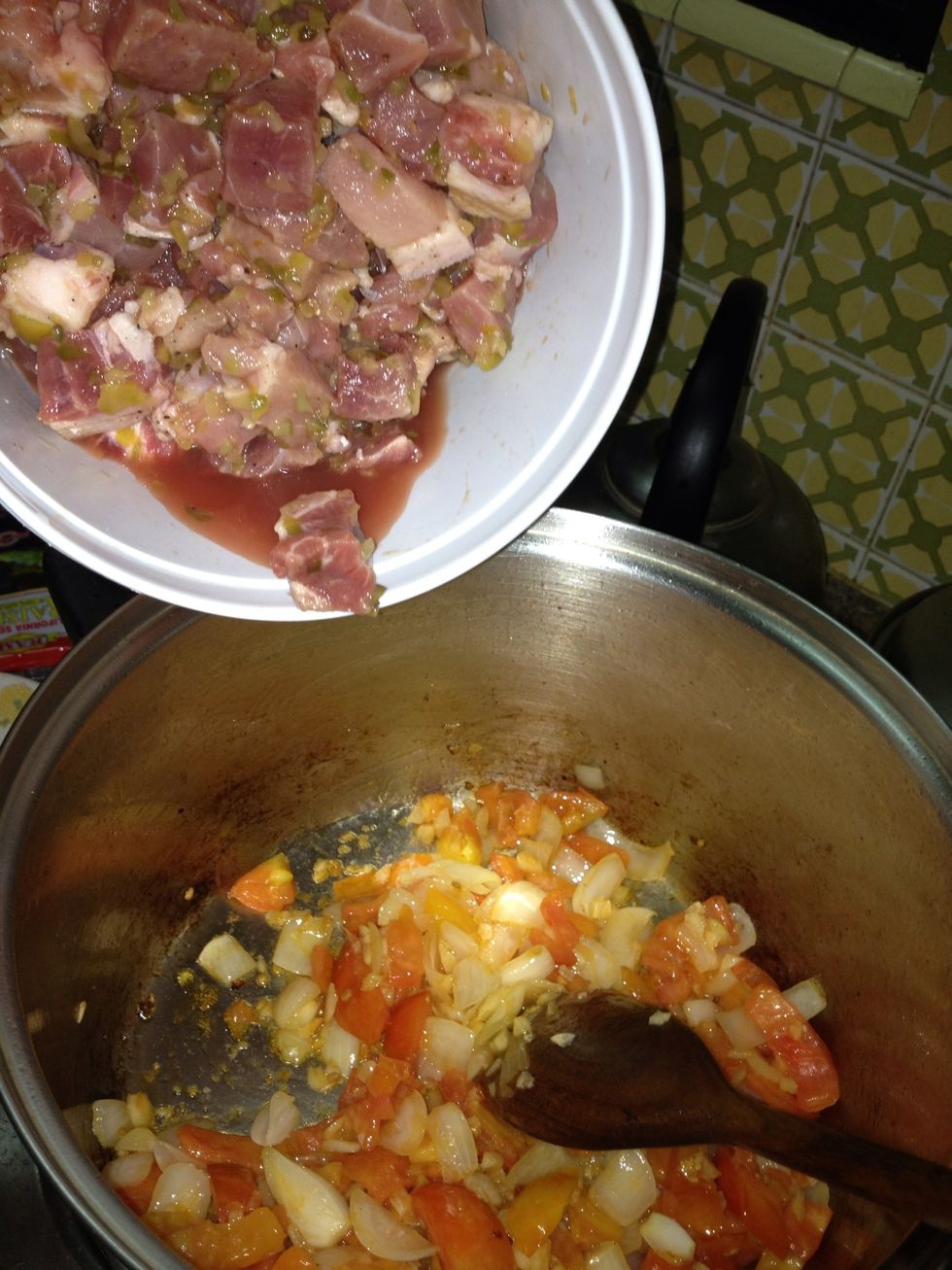 Add the marinated pork