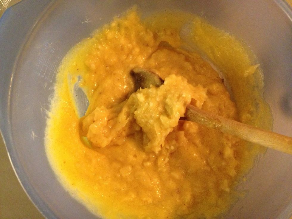 Add the mashed bananas to the big bowl.