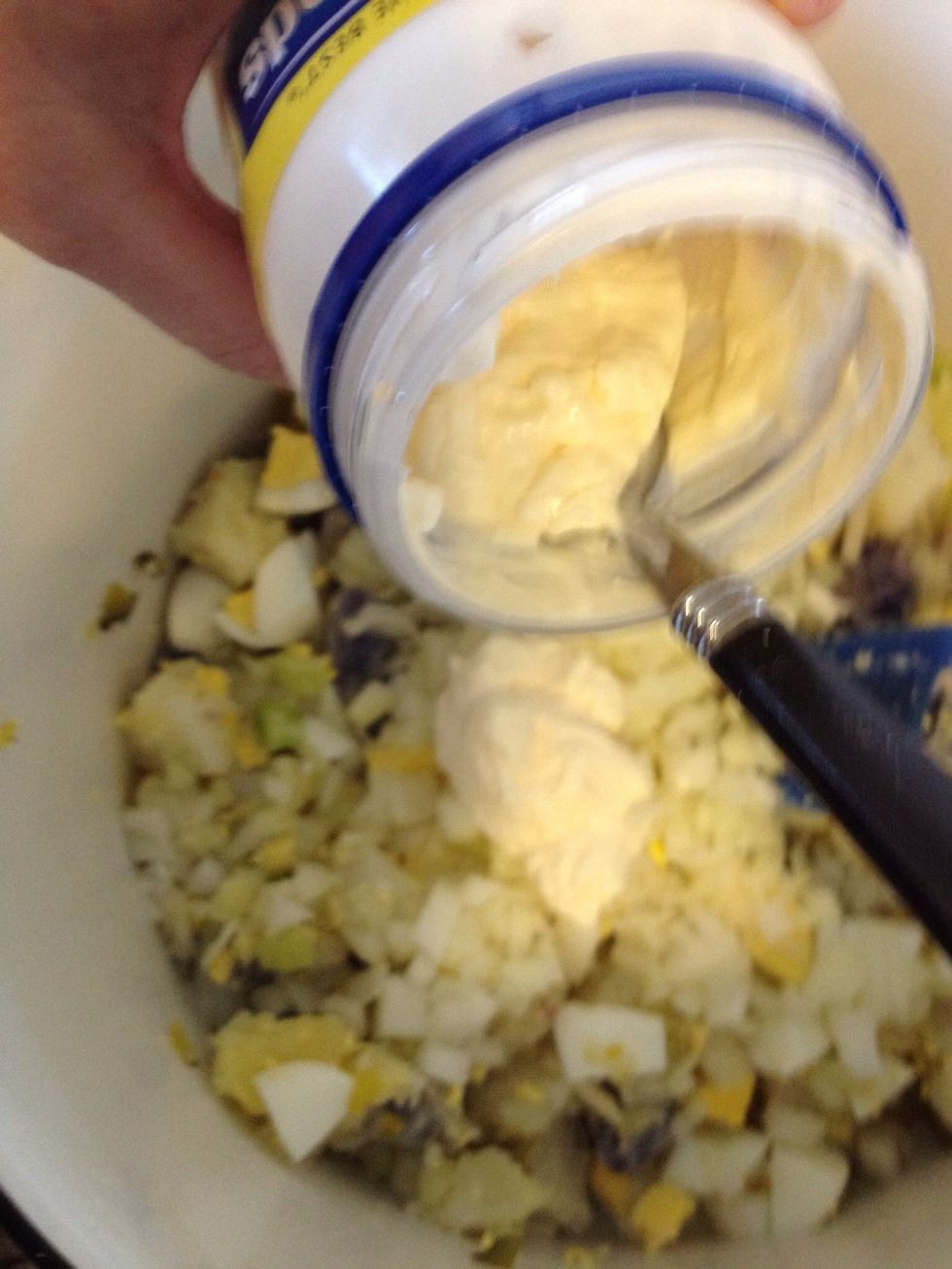 Add the mayonnaise or salad dressing like Miracle Whip. I actually use a bit of both because I like the sweetness that Miracle Whip brings to the mix. It's all about personal taste.