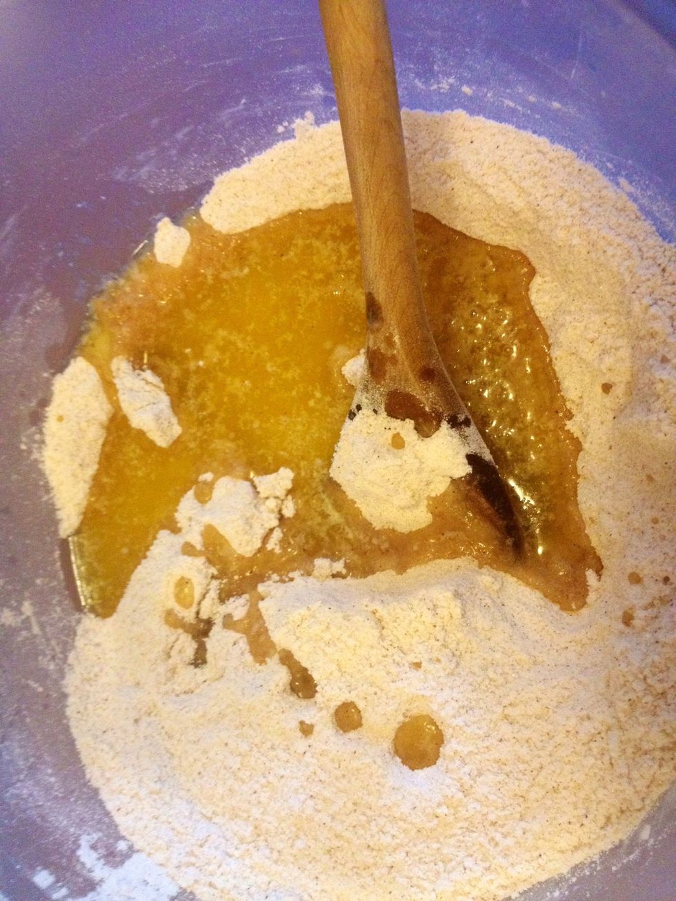 Add the melted butter, along with the milk.