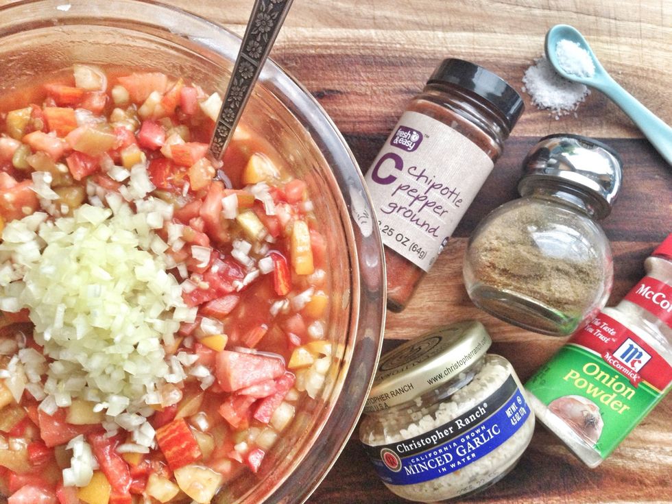 Add the minced yellow mexican chile. Gather the spices together.