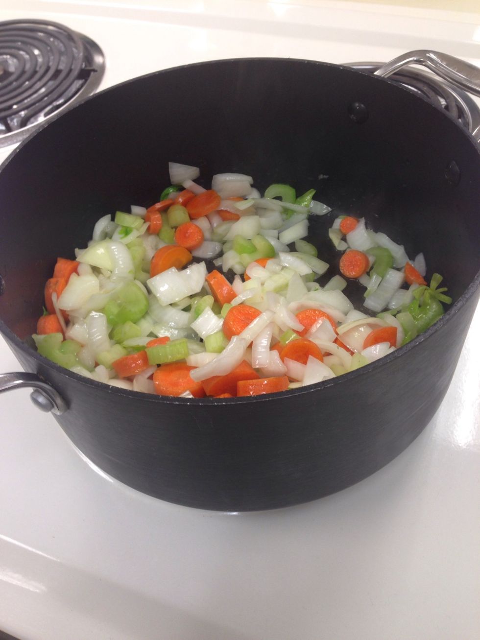 Add the mirepoix ingredients and stir to coat them in the oil cook until brown