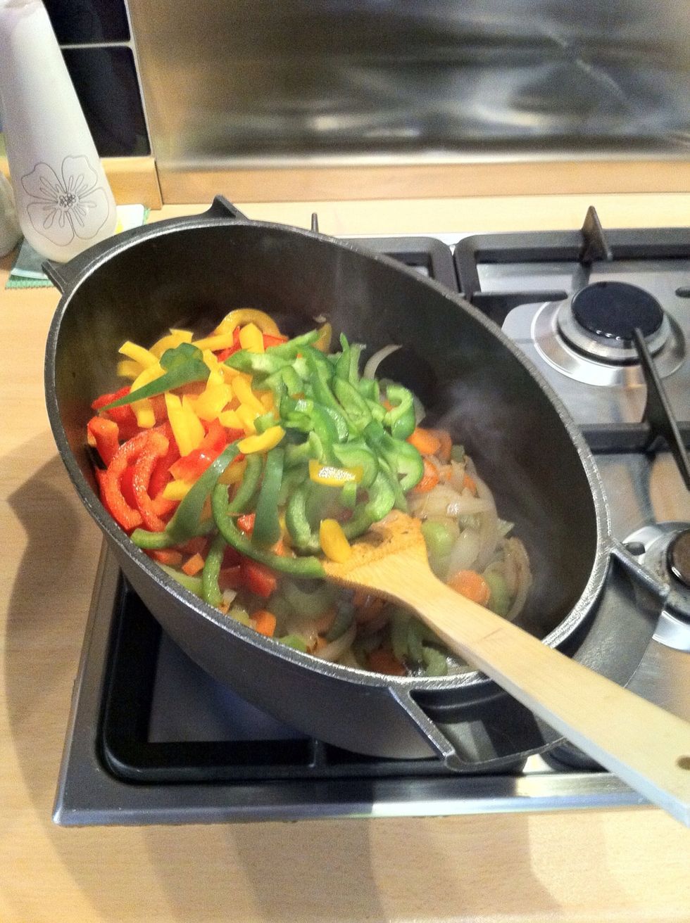 Add the mixed bell peppers.