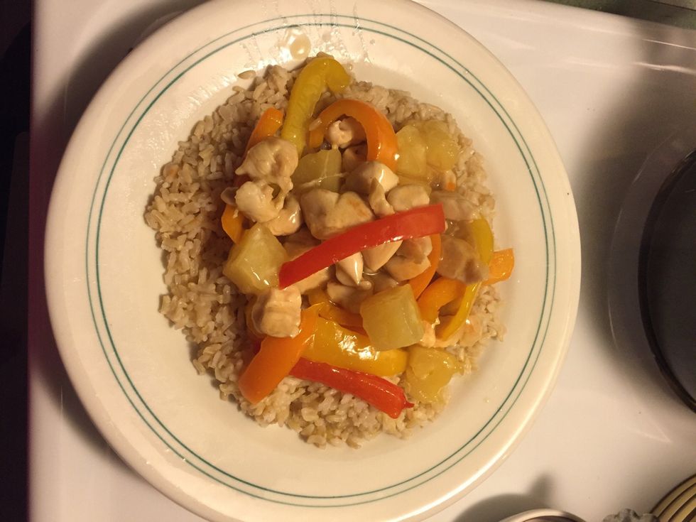 Add the mixture on top of the rice and serve \ud83d\ude0a