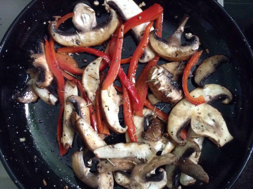 Add the mushrooms and salt all the ingredients for 7-10 more minutes. Add a little bit more of olive oil. Don't let the ingredients to get dry. Add ground pepper and salt.