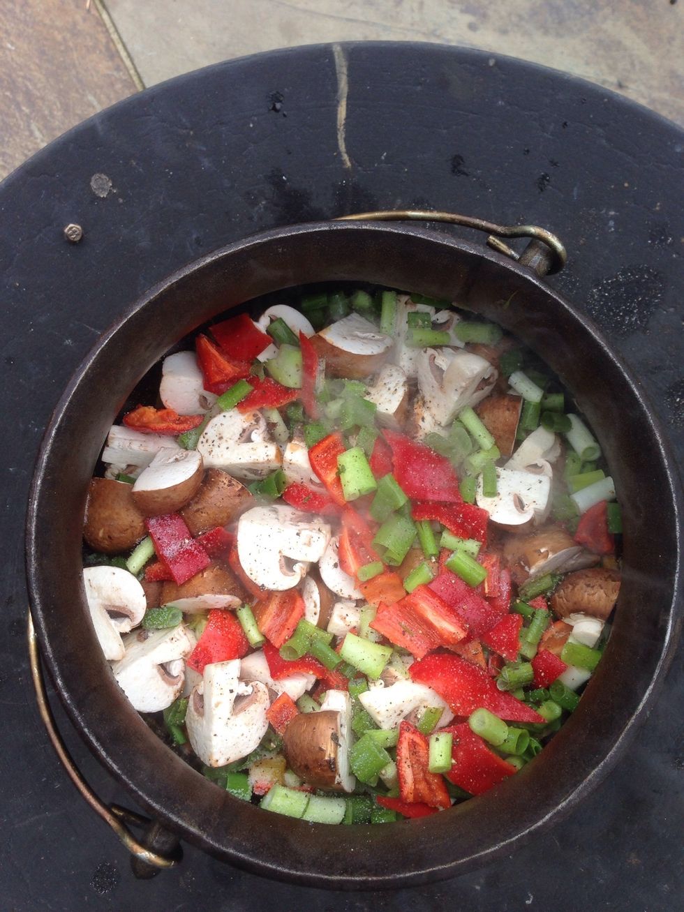 Add the mushrooms, spring onions an red oepper to the pot. Add salt and pepper to your taste and let it simmer for 1.5 hours. LEAVE THE LID ON THE POTJIE UNTIL TIME IS OVER!!!