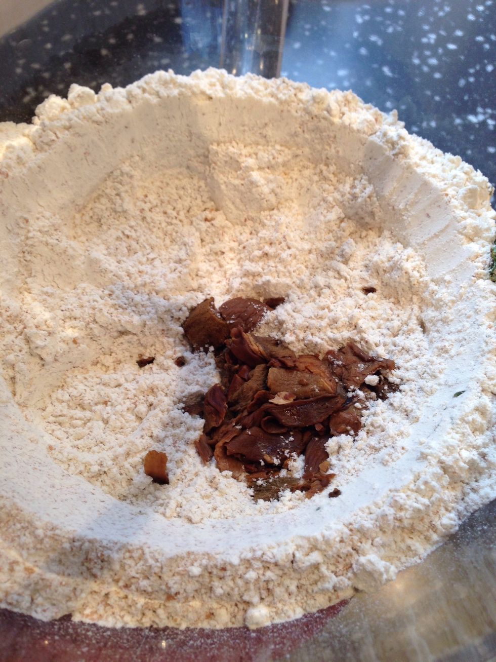 Add the mushrooms to the flour mixture along with the liquid and mix until a soft dough is formed. You may need slightly more or less water or flour depending on the humidity in your kitchen.