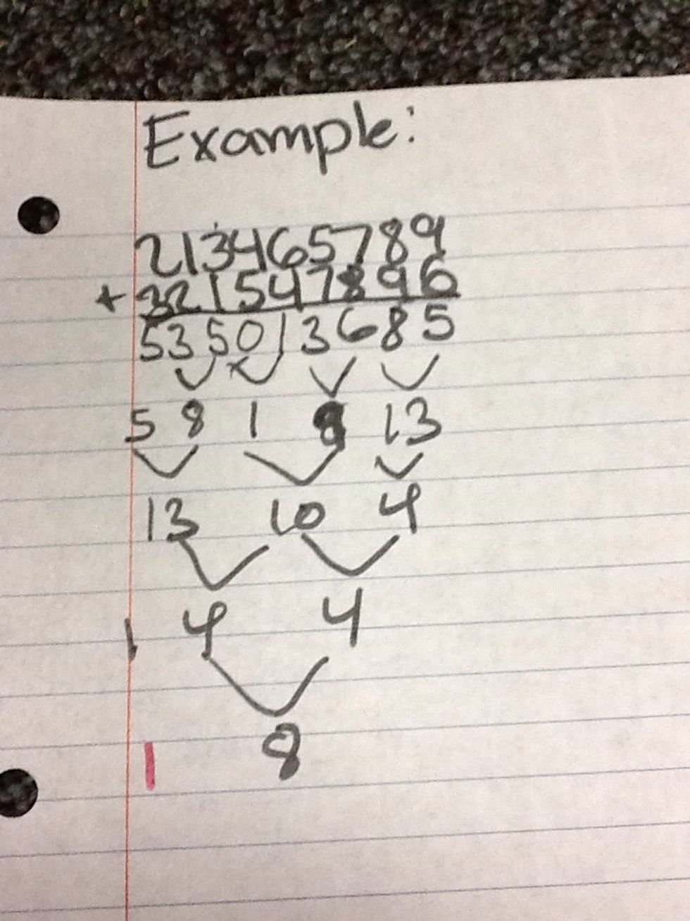 Add the next two digits. Then repeat this step until you have added all the possible pairs. If there is a odd number of digits, bring down the last digit.