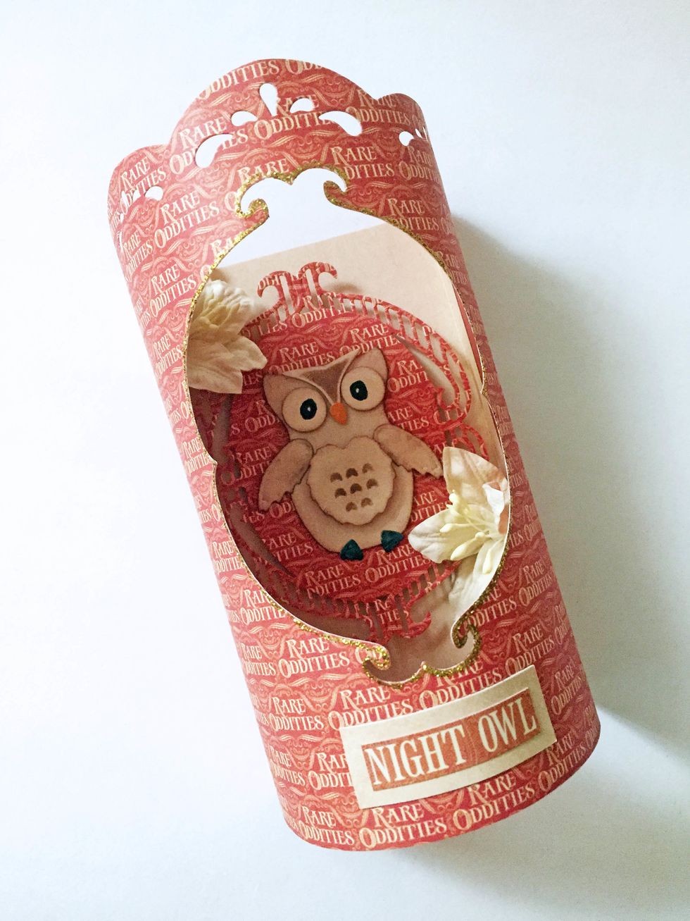 Add the "Night Owl" sticker and some mulberry flowers if you'd like to. Accent the edges using some golden sticklers to enhance it if preferred.