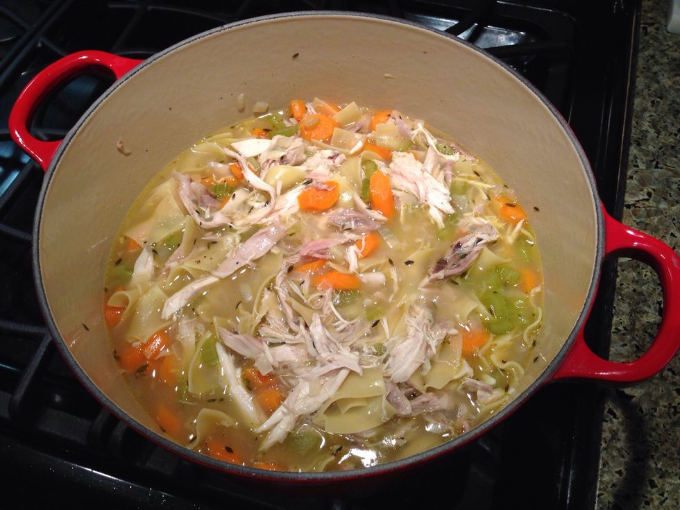 Add the noodles, simmer uncovered for 5 minutes and them fold in the chicken and simmer another few minutes. Season with salt and pepper to taste. This step is crucial, btw.