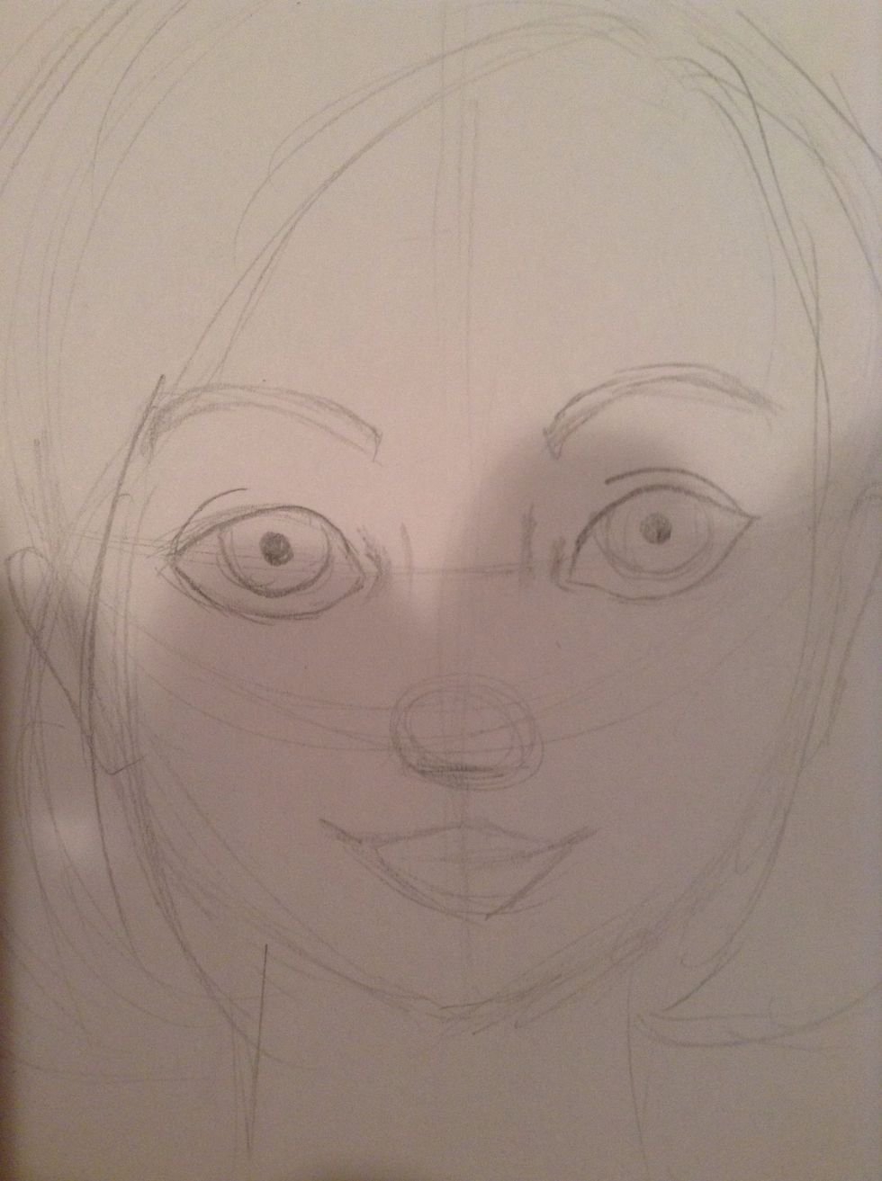 Add the nose bridge (the two lines between the eyes) and corner of the eyes. Also, add pupils and eyelids.