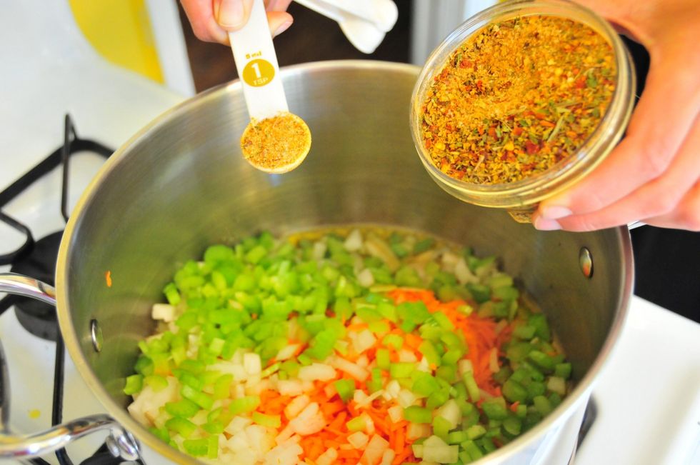 Add the olive oil to a hot sauce pan over medium high heat. Add carrots, celery, onion and 1 teaspoon of #4 Pronto Italiano.  This blend has the perfect amount of herbs and spices - makes it so easy!