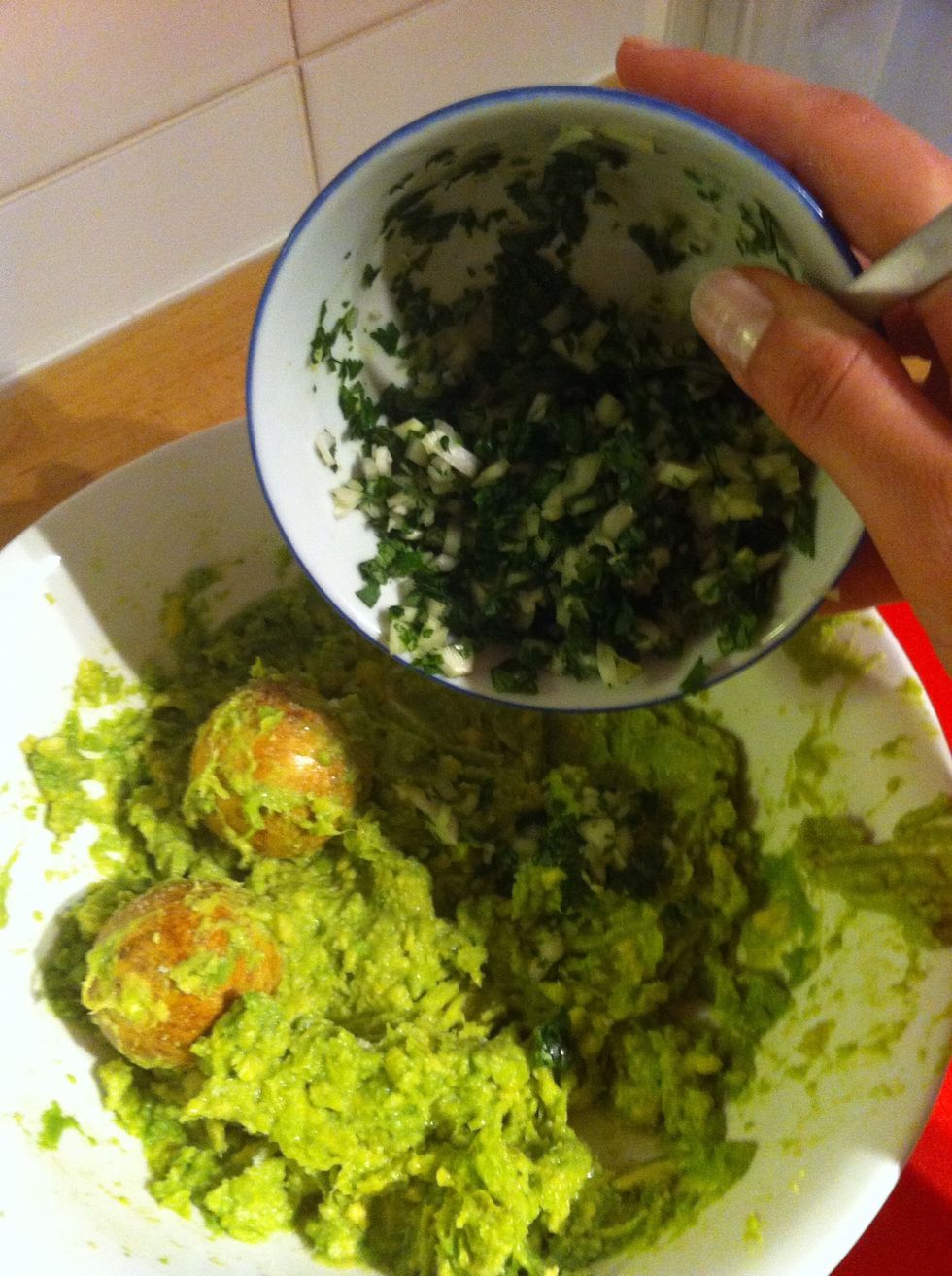 Add the onion and coriander mixture to the bowl. Using a wooden spoon or paddle mix the onion, cilantro and avocado
