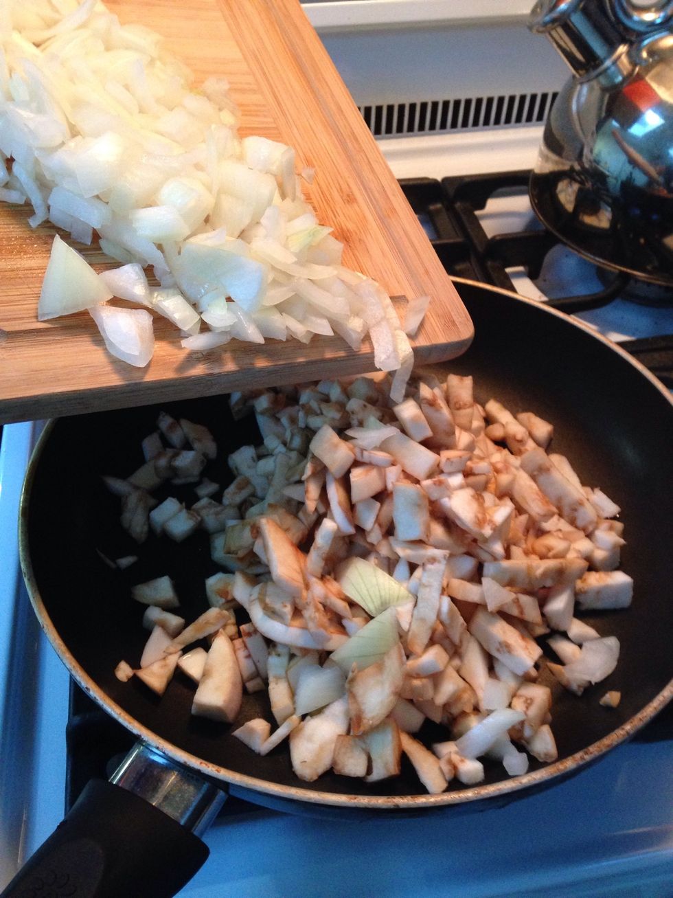 Add the onion and eggplant- season with salt and pepper cook for 3- 5 min or until softened