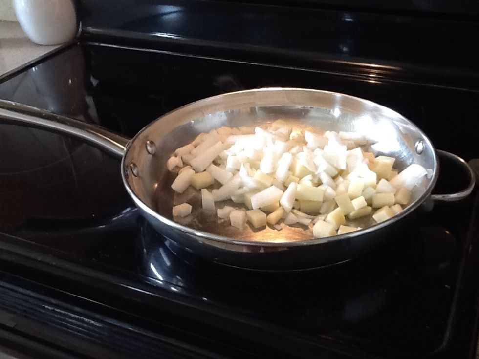 Add the onion and potato to the preheated pan. I don't use any oils, since the meat will have enough fat for the dish. You may add a little salt to get the onion to start sweating.