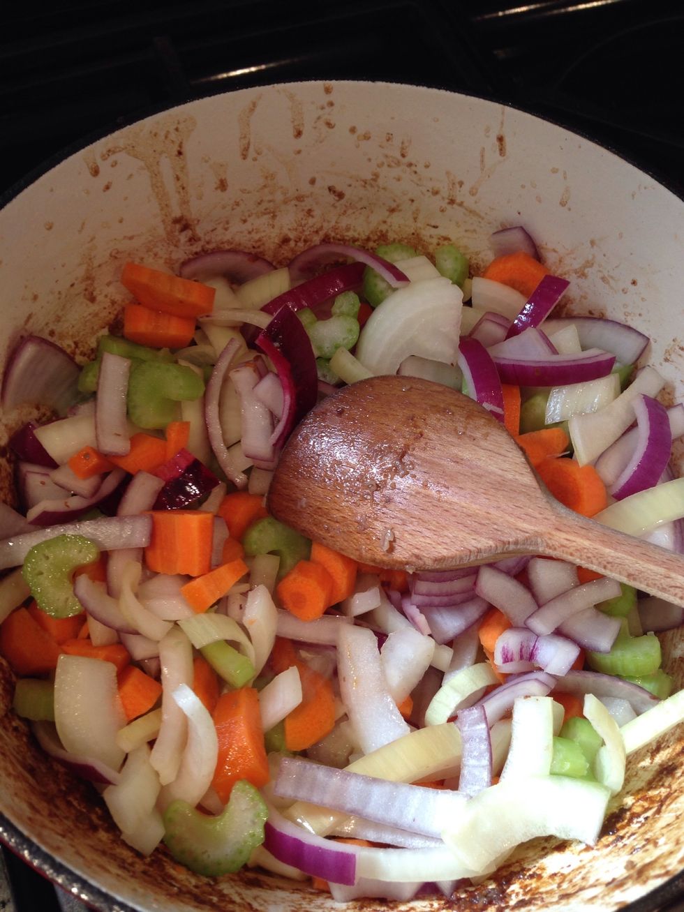 add the onion, carrot and celery to the pan and cook over a medium heat until softened