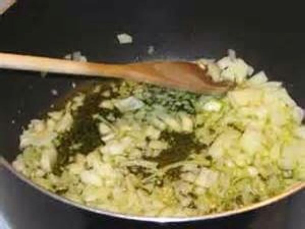 Add the onions, garlic, ginger, and cabbage and saut\u00e9 in vegetable oil until soft (2 or 3 minutes)