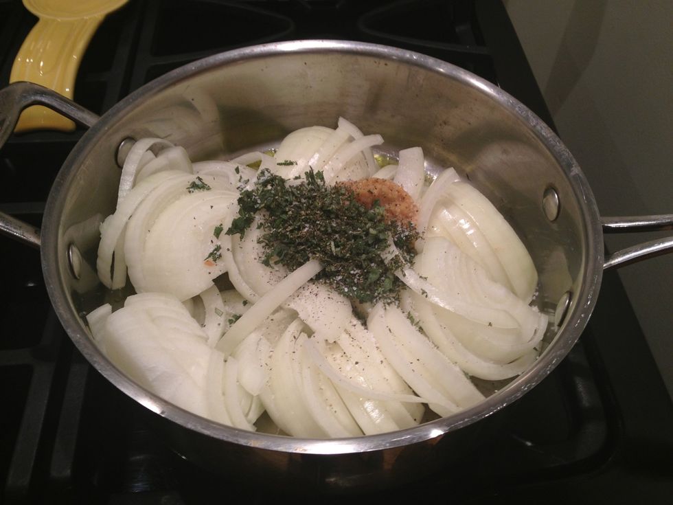 Add the onions, herbs and garlic to the saut\u00e9 pan.