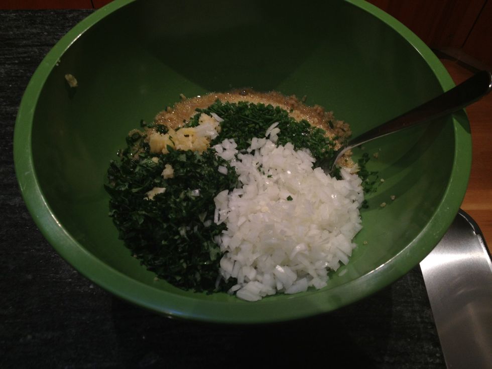 Add the onions, kale, garlic and chives.