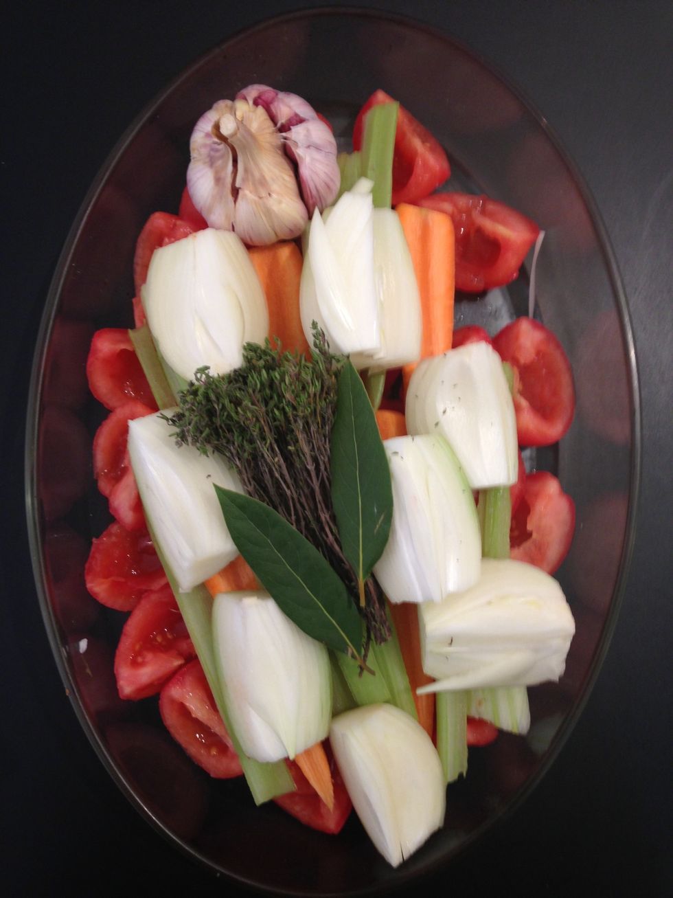 Add the onions, the thyme, the bay leaves, the pepper corns, the salt and the olive oil