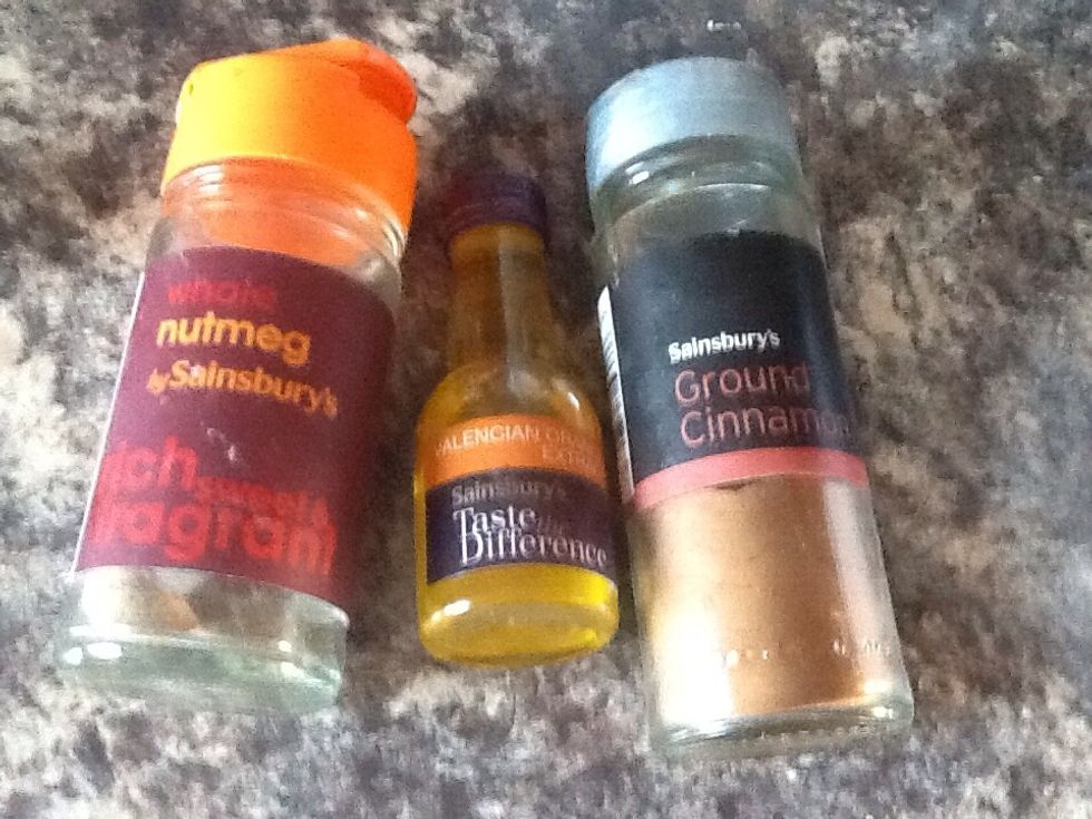 Add the orange essence and mixed spice. I did not have any mixed spice, so I am using cinnamon and nutmeg.