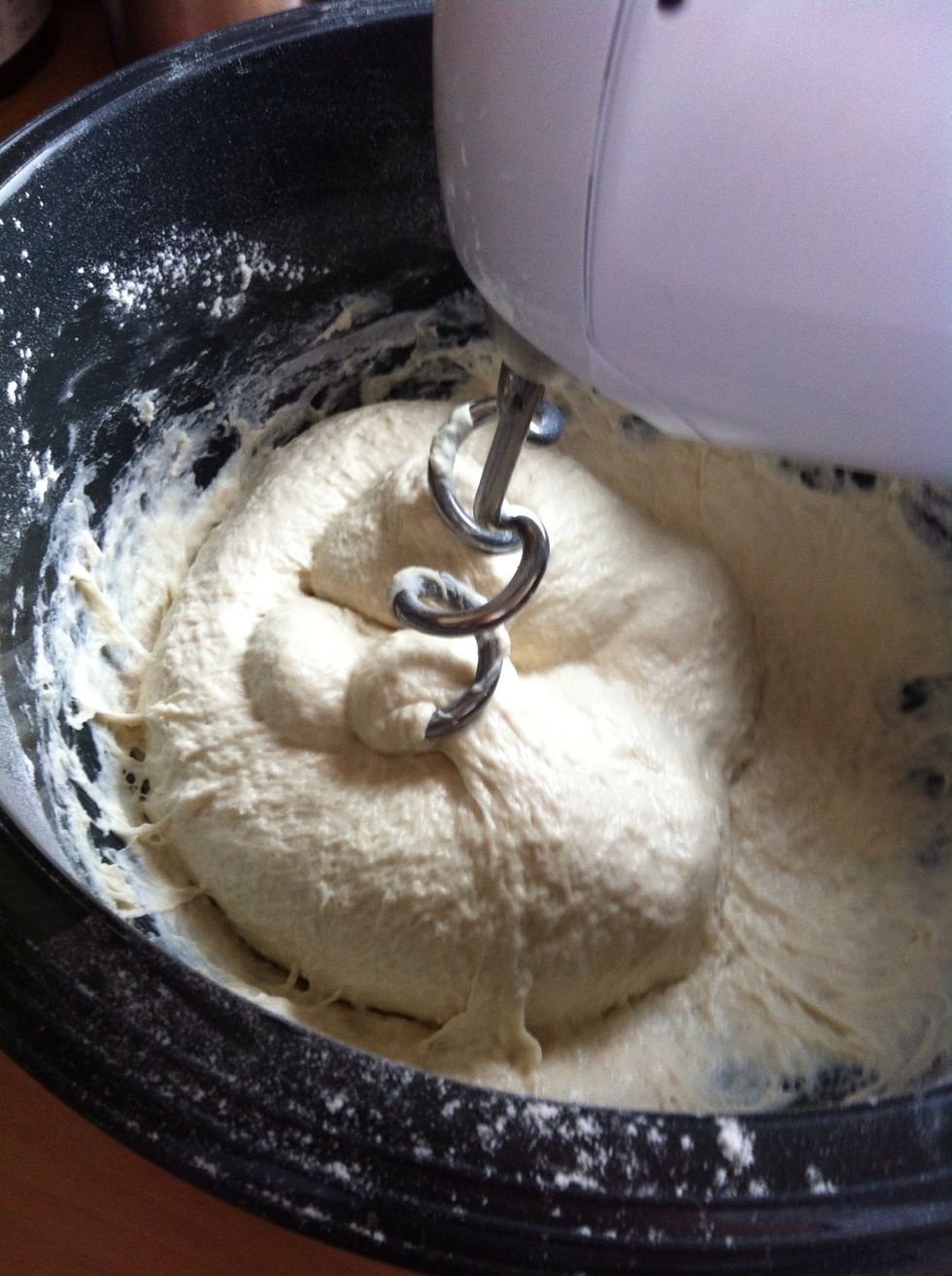 Add the other ingredients to the starter and knead for 5 - 8 minutes.
