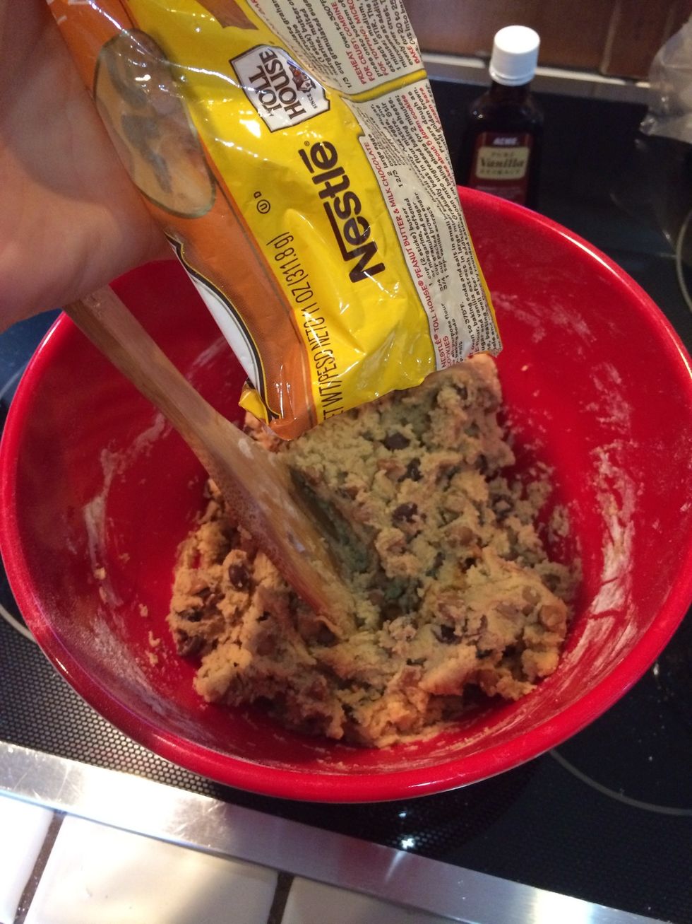 Add the package (1pkg, roughly 11oz) of chocolate chips. Note: you can get creative with what chips you can add. I am using peanut butter and milk chocolate chips.