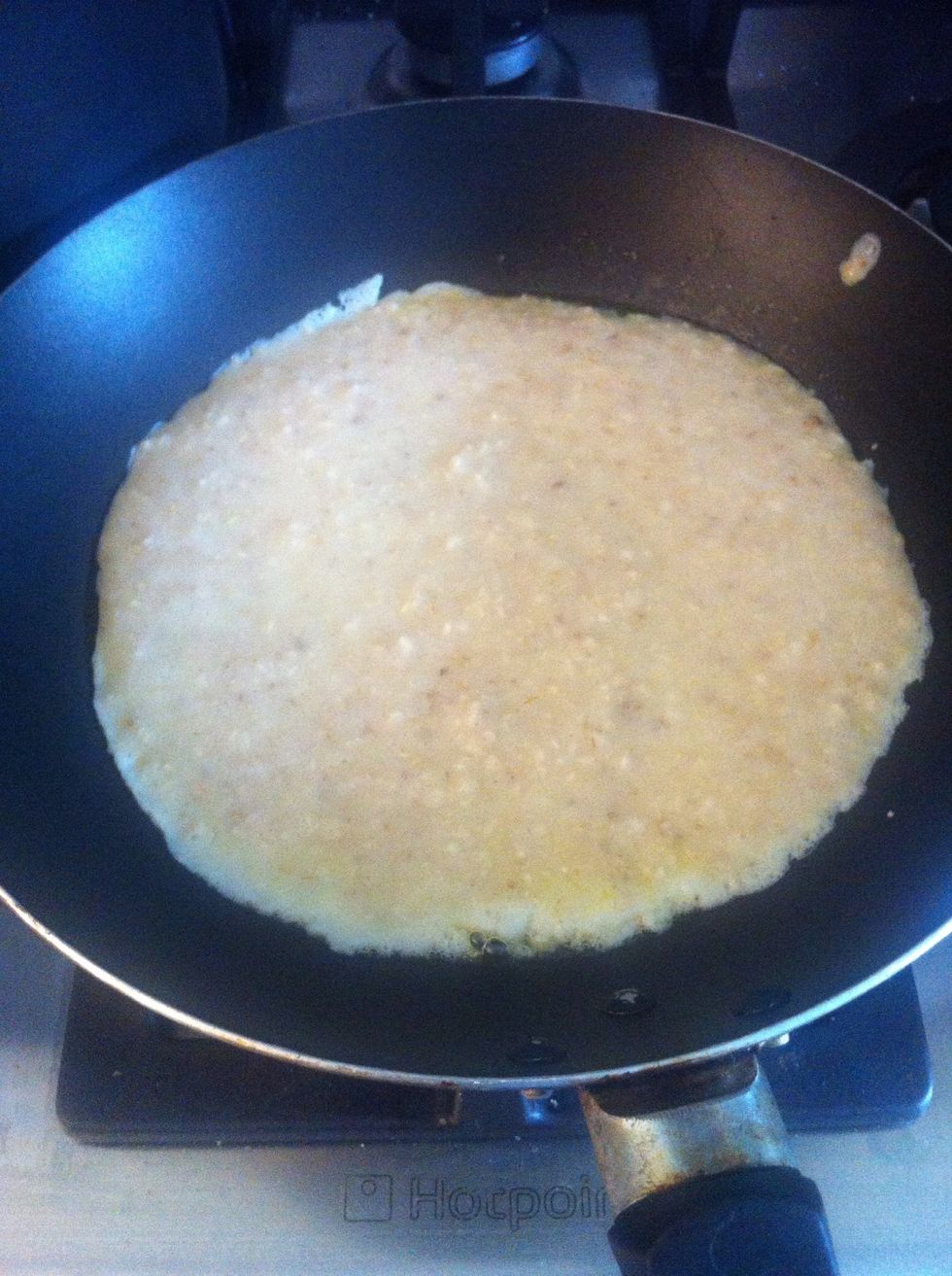 Add the pancake mixture. Spread it on the pan cook for 5-6 minutes sometime I cook it more than that.