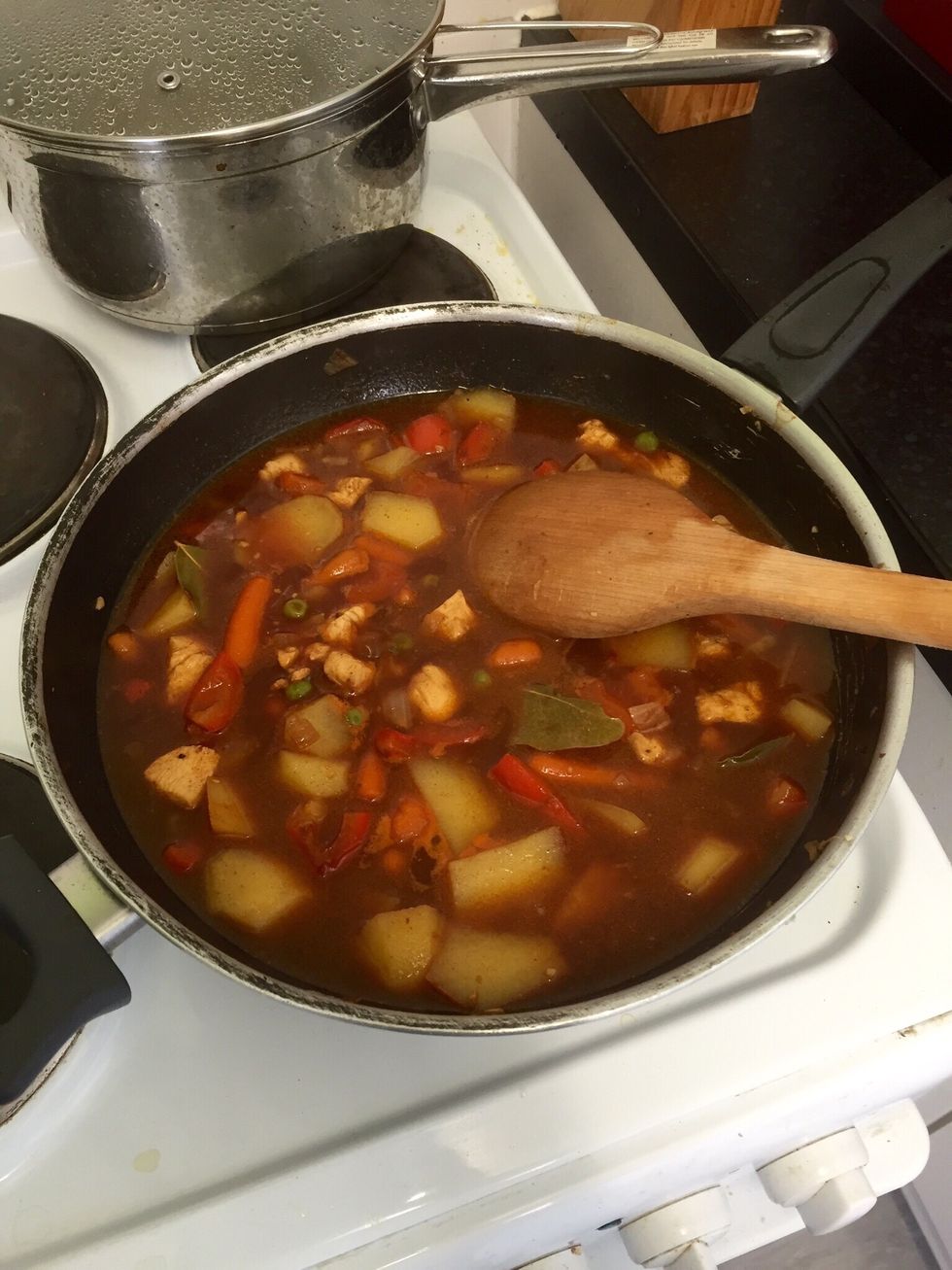 Add the paprika, chicken stock and water. Stir a little bit cover and let it reduce slowly