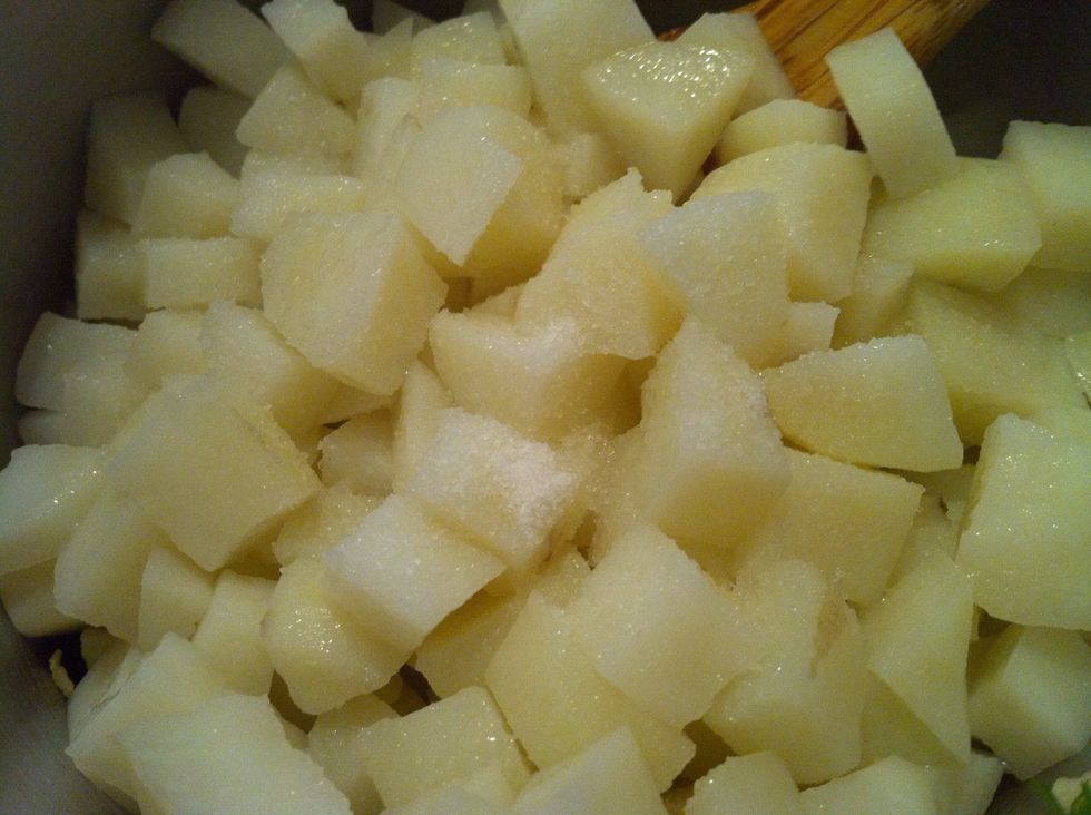 Add the par cooked potatoes and salt. Try not to add any water to the dish.