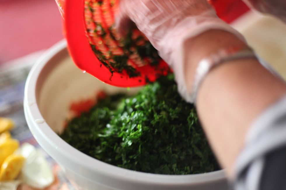 Add the parsley. You can add some dry mint and salt at this point. Dry mint is optional. Taste the mixture before adding more salt and lemon. Judge according to your taste.