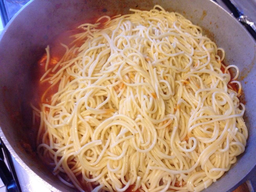 Add the pasta right on top of the sauce or vice versa.