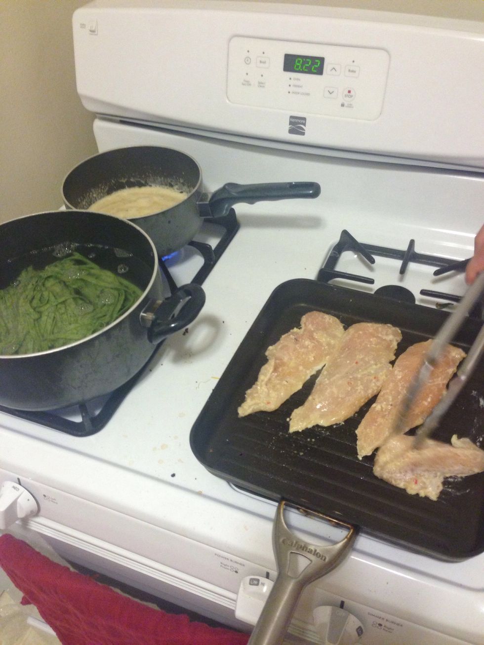 Add the pasta to boiling water for about 3 1/2 minutes.