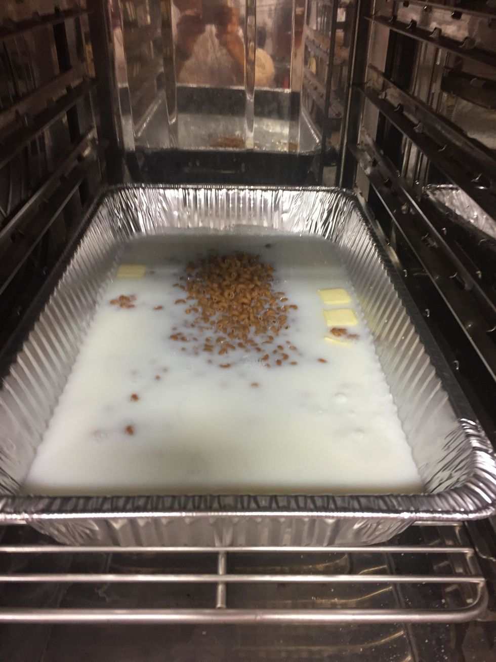 Add the pasta to the milk mixture.