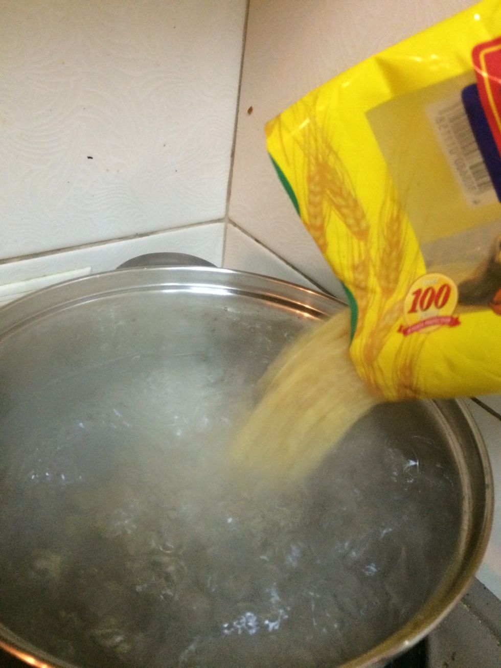 add the pasta to the water it usually takes 7 minutes for the pasta to cook