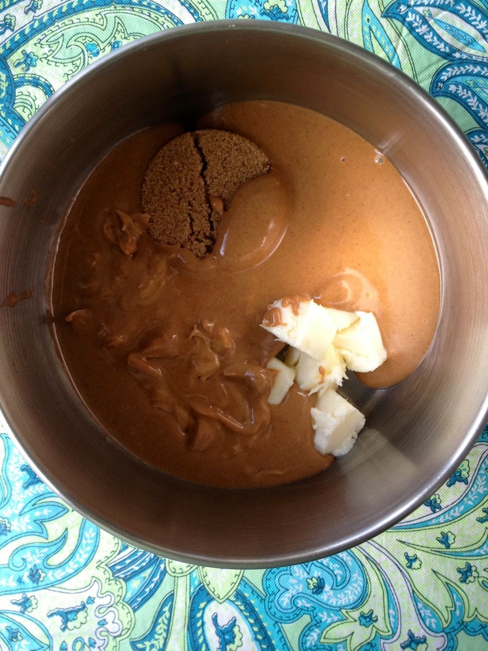 Add the peanut butter, brown sugar, and butter to a medium saucepan. Melt it together on medium heat until just bubbling at the edges, stirring constantly.