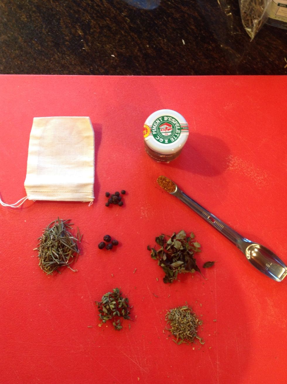 Add the Pepper, juniper berries, rosemary, marjoram, thyme, herbes de provence to sachet bag or cheesecloth.
