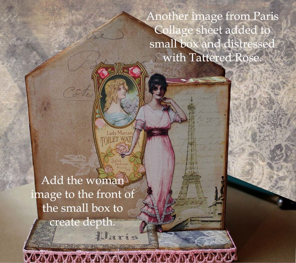 Add the perfume label to the background. Add an image to the front of the small box. Add the woman to the front of the box to give depth.