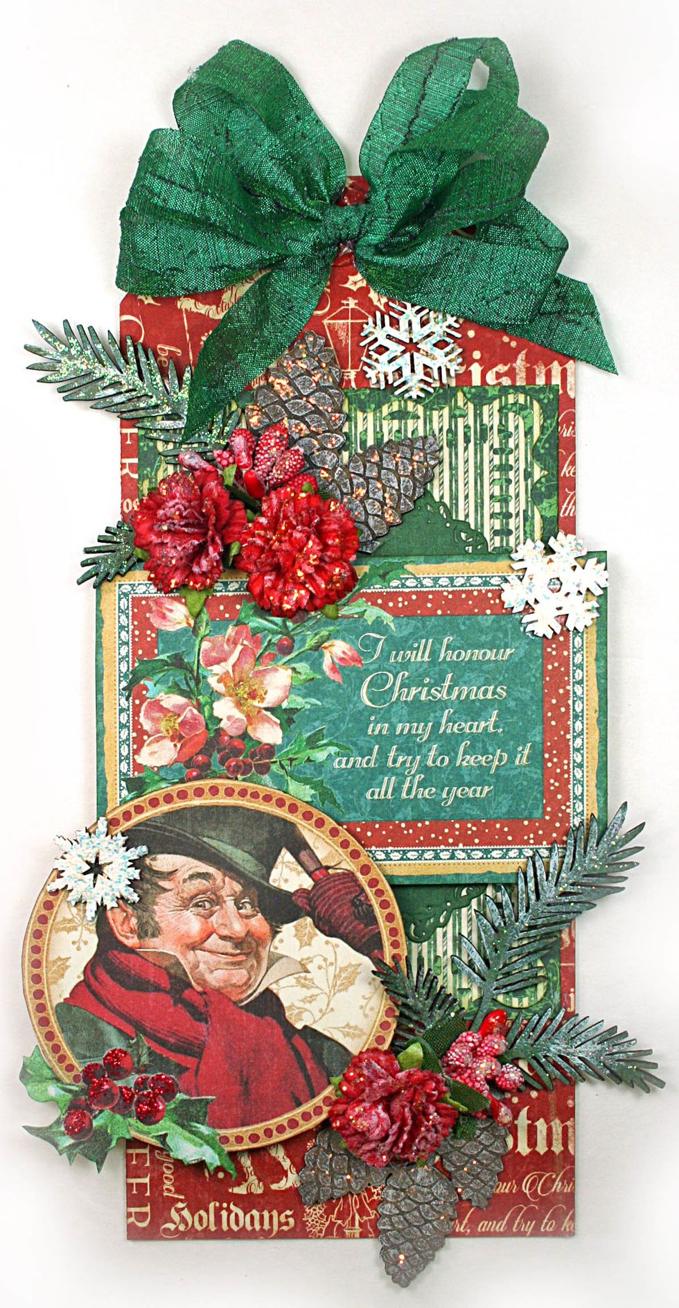 Add the pine clusters where shown and embellish with flowers and berries.  Add a few chipboard snowflakes that you've painted white and detail with Icicle Stickles.