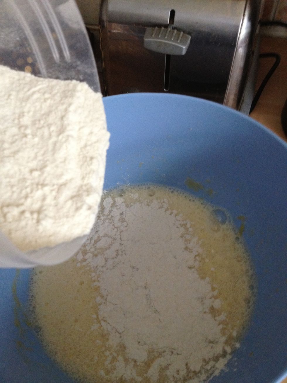 Add the plain flour and fold it into the eggs and sugar to keep the air in.