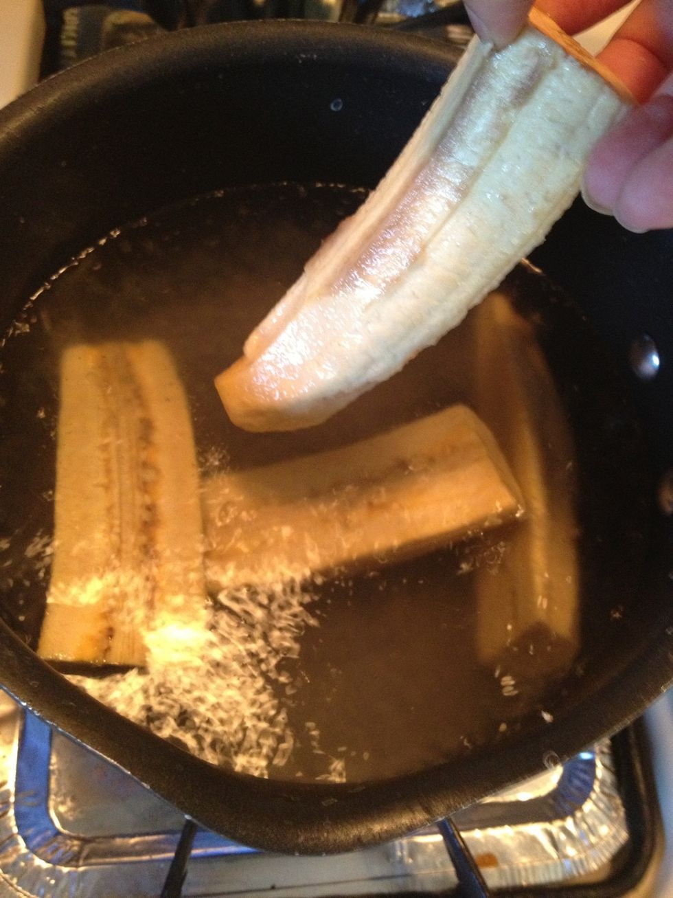Add the plantains to the boiling water and cook until fork tender about 20min. Cook a little longer if not soft. Make sure the plantains are completely submerged as they will boil for a while.